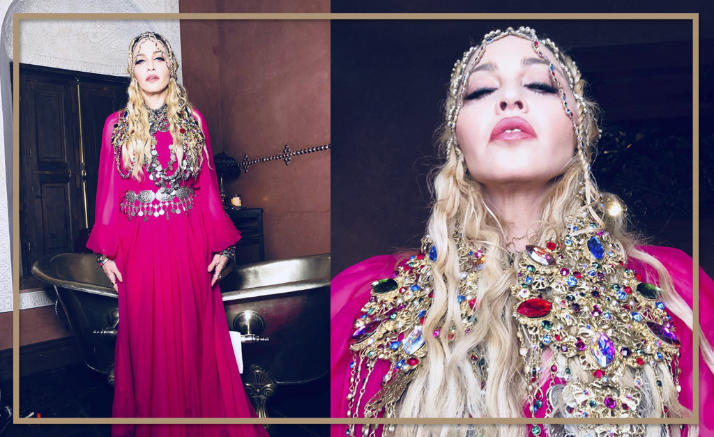 Madonna aposta em look “all pink” étnico para arrasar em sua festa de aniversário esta noite