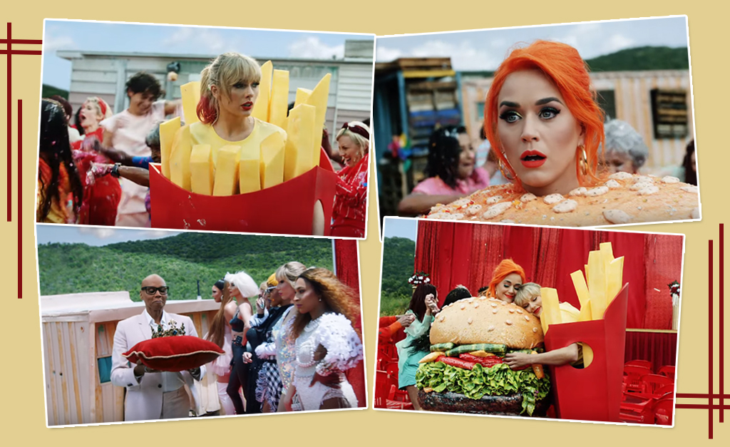 Taylor Swift faz as pazes com Katy Perry: uma vestida de batata frita e a outra de hamburguer… Oi?
