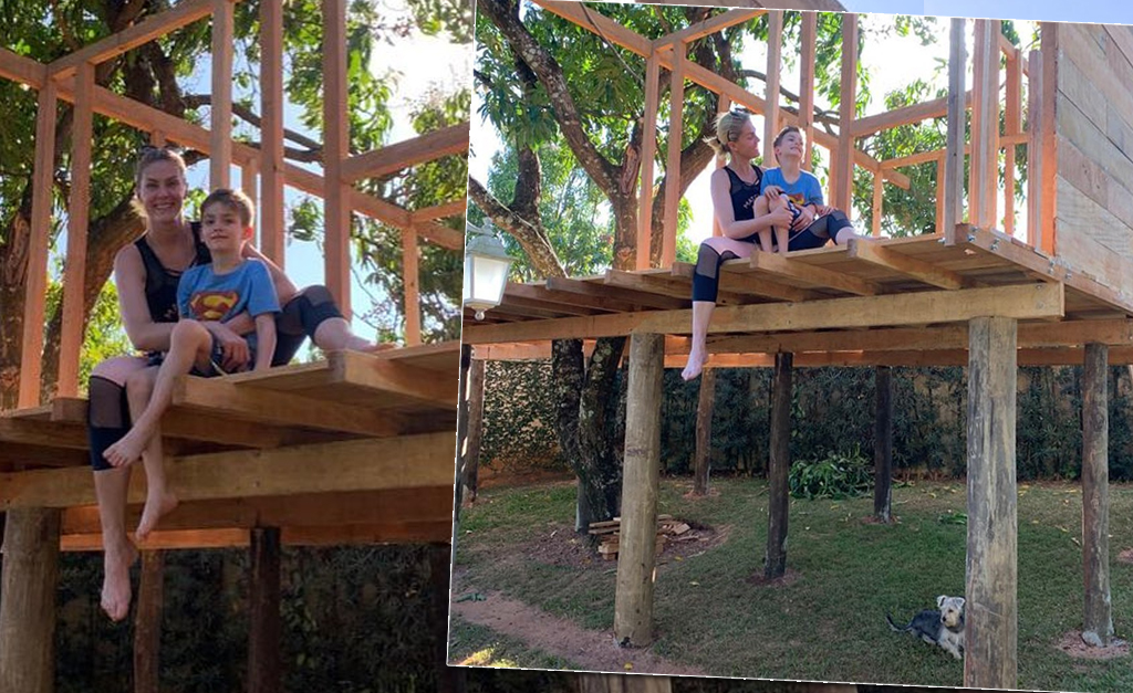 Ana Hickmann mostra seus dotes de carpinteira construindo casa na árvore para o filho durante a quarentena
