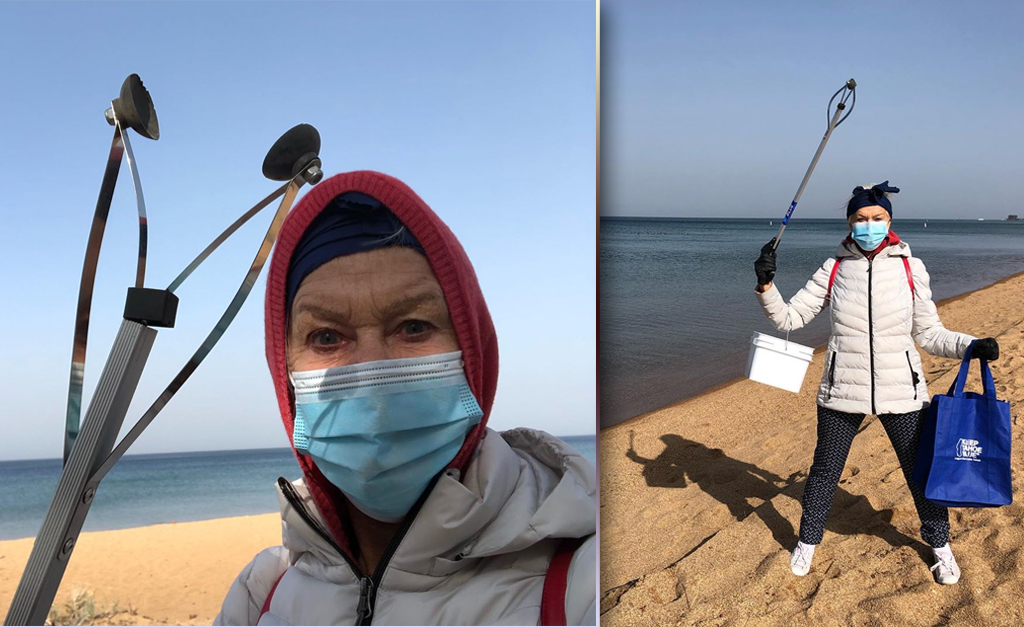 Toda paramentada, Helen Mirren sai para limpar praia e faz apelo a seguidores: “Leve as pontas de cigarro e todo o plástico para casa”