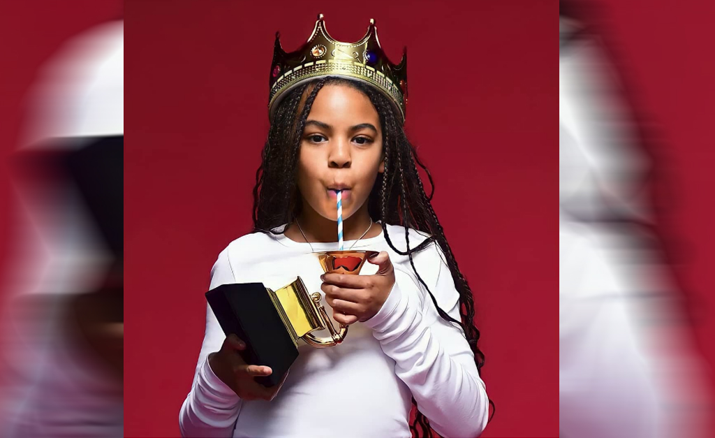Aos 9 anos, Blue Ivy aparece de coroa e brinca com o gramofone que ganhou na última edição do Grammy