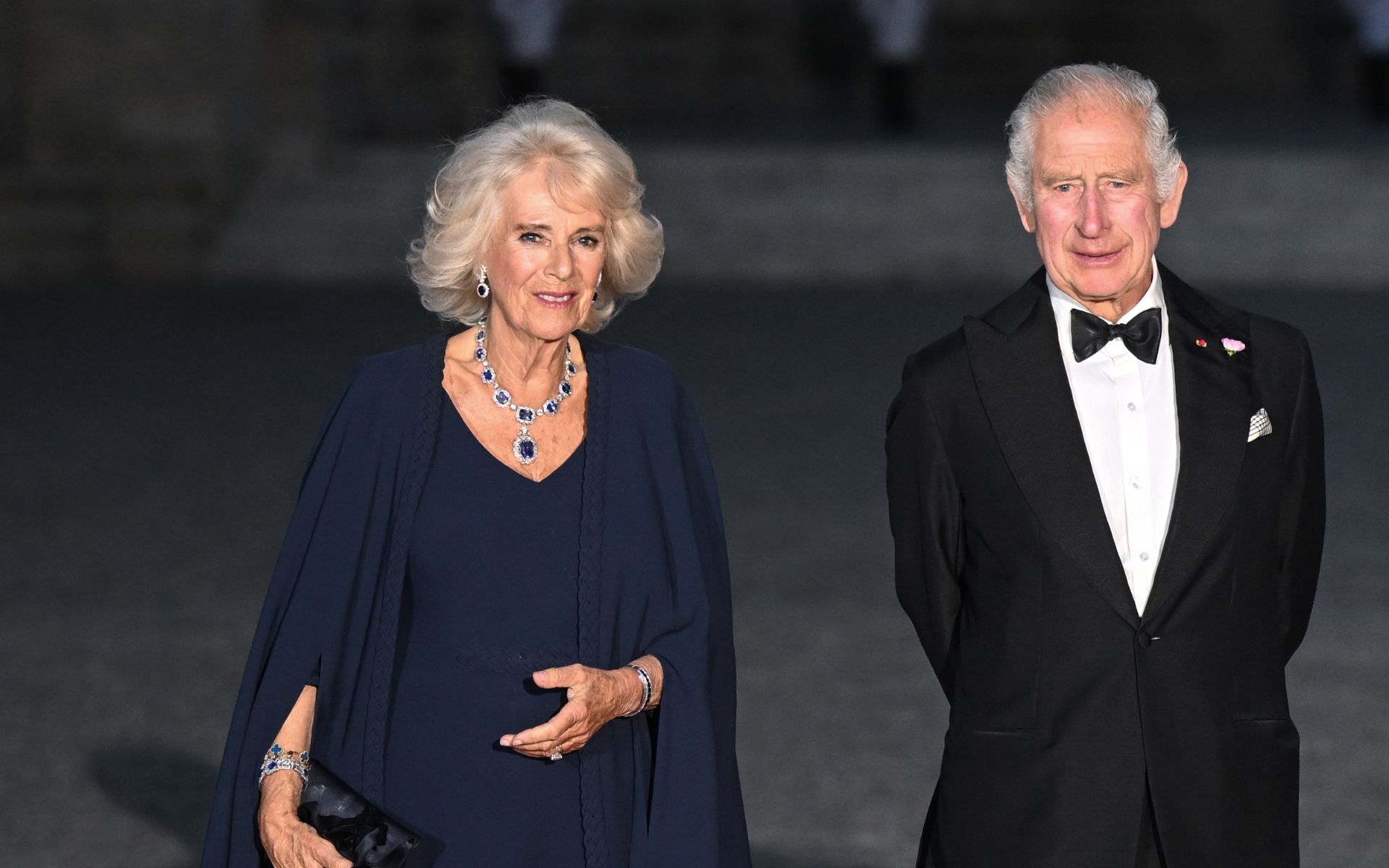 Rainha Camilla usa vestido de seda feito à mão da Dior no Palácio de Versalhes
