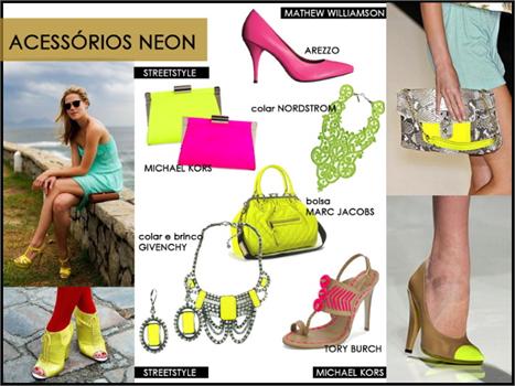 As cores neon ganharam forças para a temporada de verão. A presença mais importante fica por conta dos acessórios, que fazem com que o look fique mais atual. A brincadeira é misturar cores neutras como nudes e brancos ou até mesmo com outros tons mais col